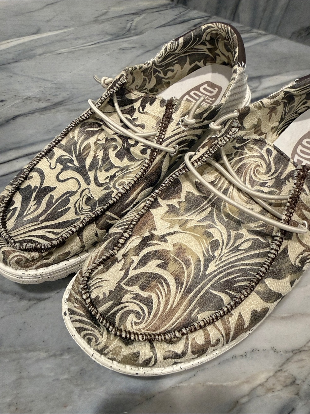 Hey Dude Floral Pattern Canvas Slip-On Loafers in Brown and Cream - Picture 10 of 12
